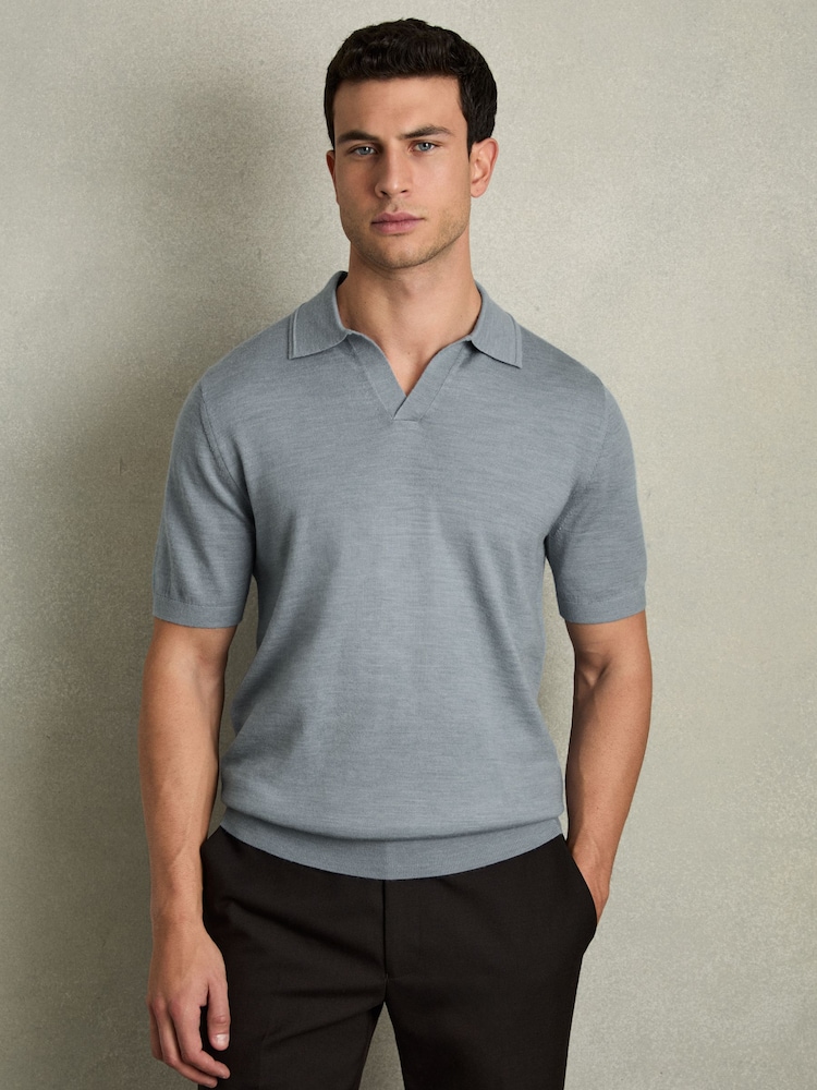 Reiss Soft Blue Melange Duchie Merino Wool Open Collar Polo Shirt - Image 1 of 6