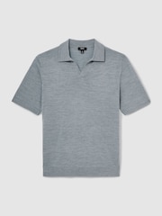 Reiss Soft Blue Melange Duchie Merino Wool Open Collar Polo Shirt - Image 2 of 6