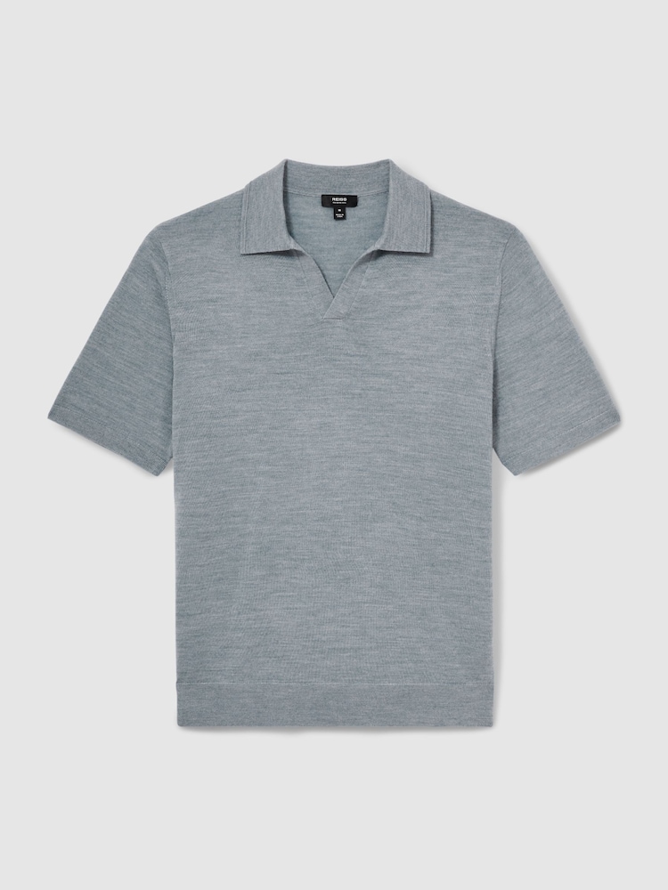 Reiss Soft Blue Melange Duchie Merino Wool Open Collar Polo Shirt - Image 2 of 6