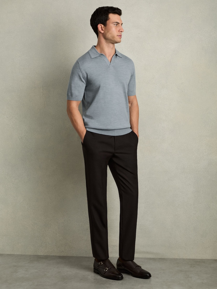 Reiss Soft Blue Melange Duchie Merino Wool Open Collar Polo Shirt - Image 3 of 6