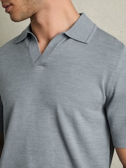 Reiss Soft Blue Melange Duchie Merino Wool Open Collar Polo Shirt - Image 4 of 6