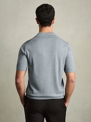 Reiss Soft Blue Melange Duchie Merino Wool Open Collar Polo Shirt - Image 5 of 6