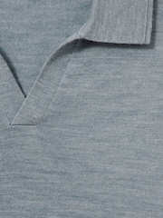 Reiss Soft Blue Melange Duchie Merino Wool Open Collar Polo Shirt - Image 6 of 6