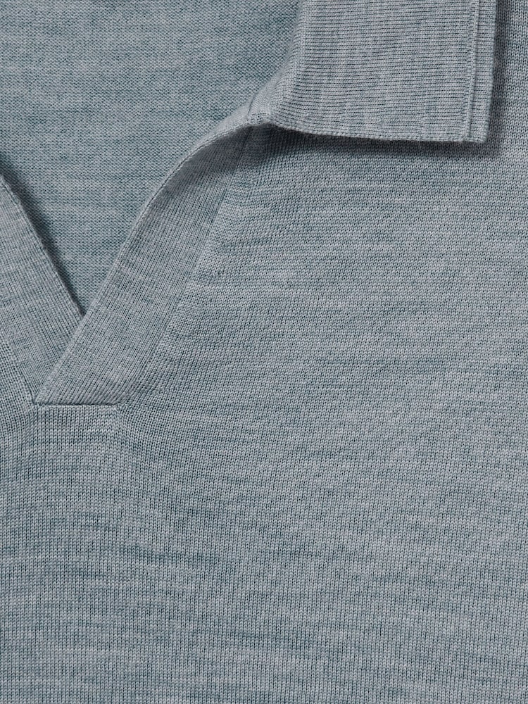 Reiss Soft Blue Melange Duchie Merino Wool Open Collar Polo Shirt - Image 6 of 6