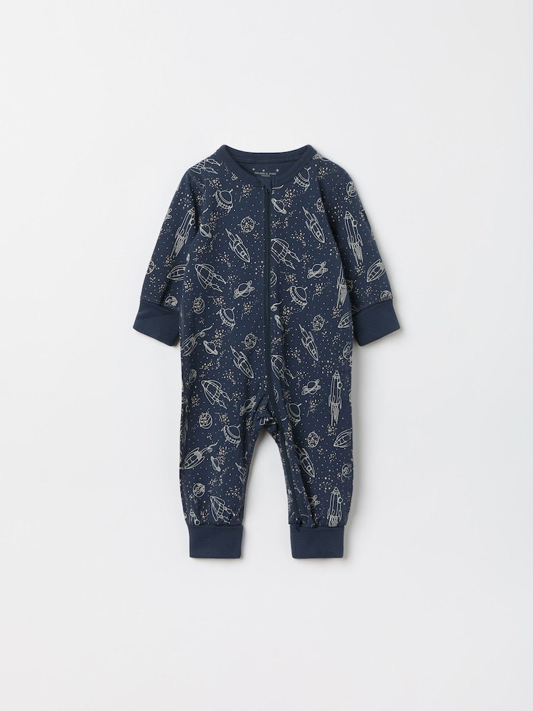 Polarn O. Pyret Blue Organic Cotton Space Print Sleepsuit - Image 1 of 4