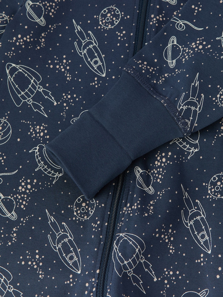 Polarn O. Pyret Blue Organic Cotton Space Print Sleepsuit - Image 2 of 4