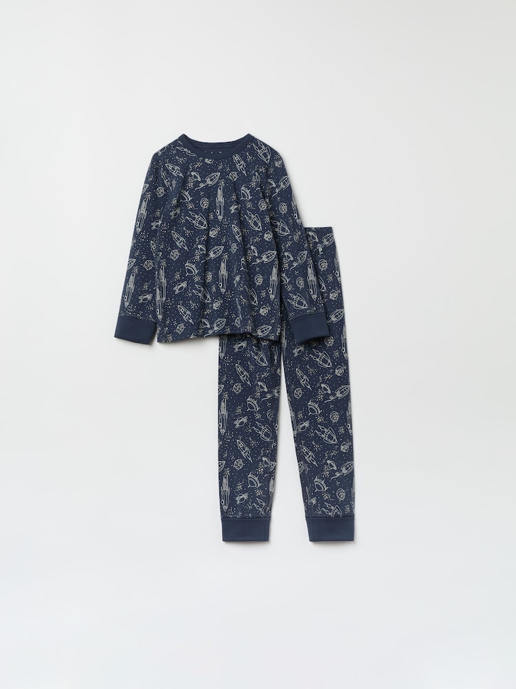 Polarn O. Pyret Blue Organic Cotton Space Print Pyjamas - Image 1 of 3 Polarn O. Pyret Blue Organic Cotton Space Print Pyjamas - Image 1 of 3