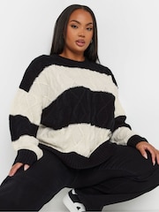 Yours Curve Black Cable Stripe Mix Jumper - Image 1 of 5