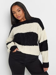 Yours Curve Black Cable Stripe Mix Jumper - Image 2 of 5
