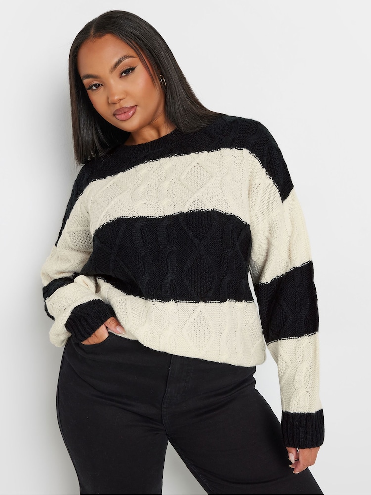 Yours Curve Black Cable Stripe Mix Jumper - Image 2 of 5