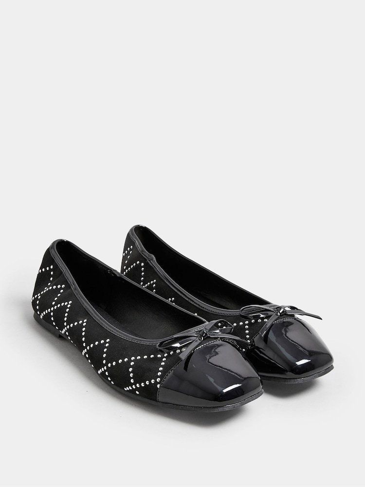 Yours Curve Black Extra Wide Fit Diamante Ballet Pumps - Image 2 of 5