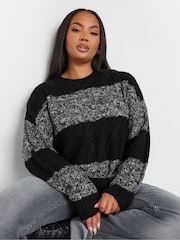 Yours Curve Black Cable Stripe Mix Jumper - Image 1 of 5