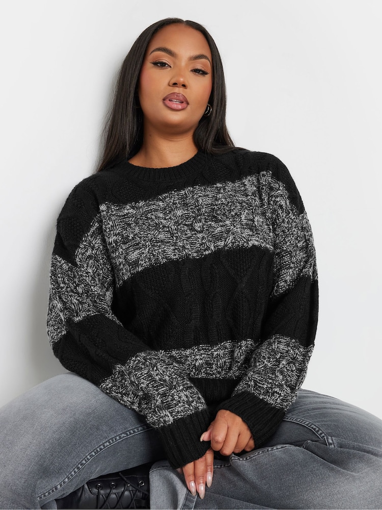 Yours Curve Black Cable Stripe Mix Jumper - Image 1 of 5