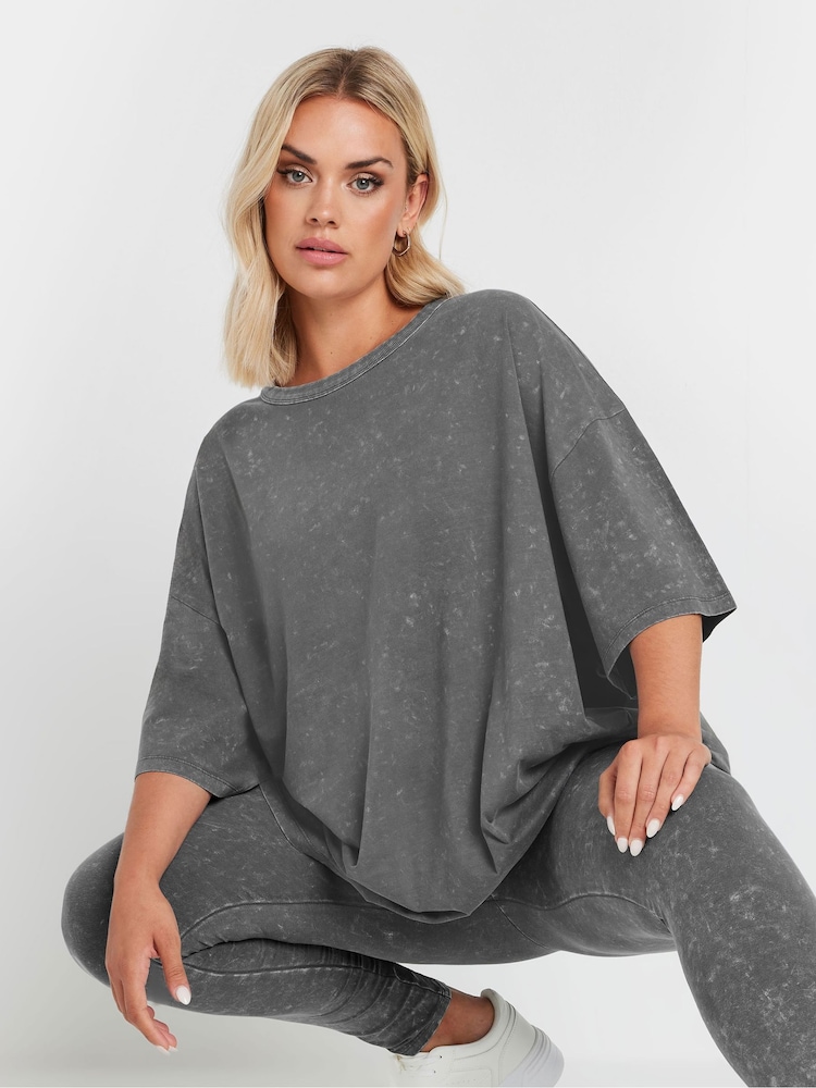 Yours Curve Grey Acid Wash Boxy 100% Cotton T-Shirt - Image 1 of 5