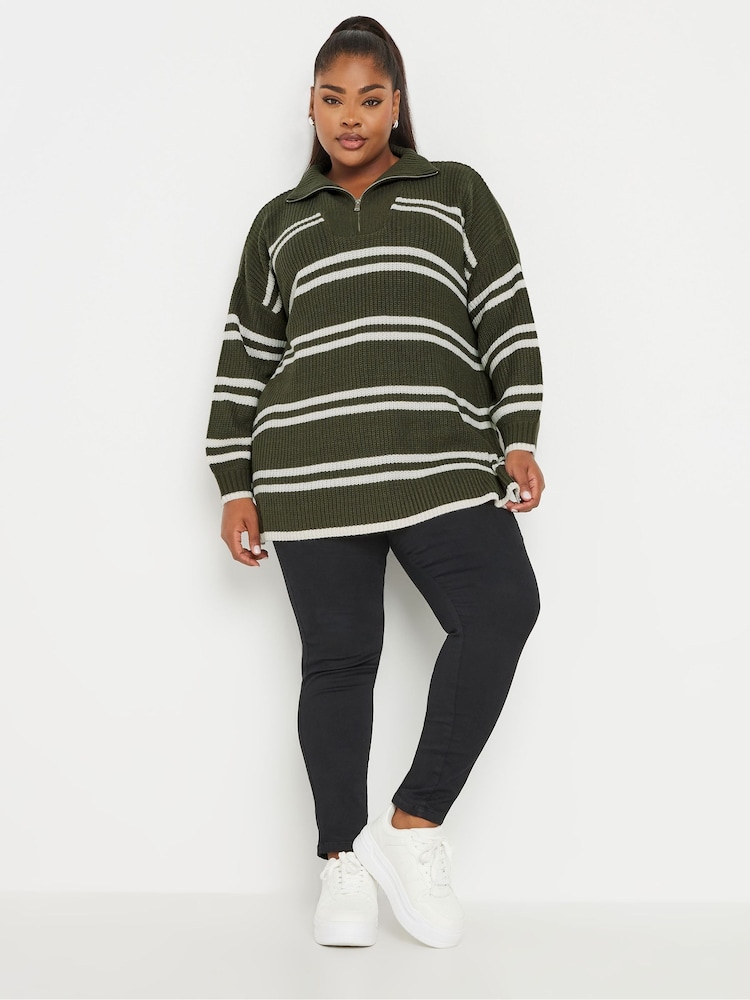 Yours Curve Green Stripe Quarter Zip Jumper - Image 2 of 5