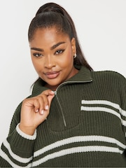 Yours Curve Green Stripe Quarter Zip Jumper - Image 4 of 5