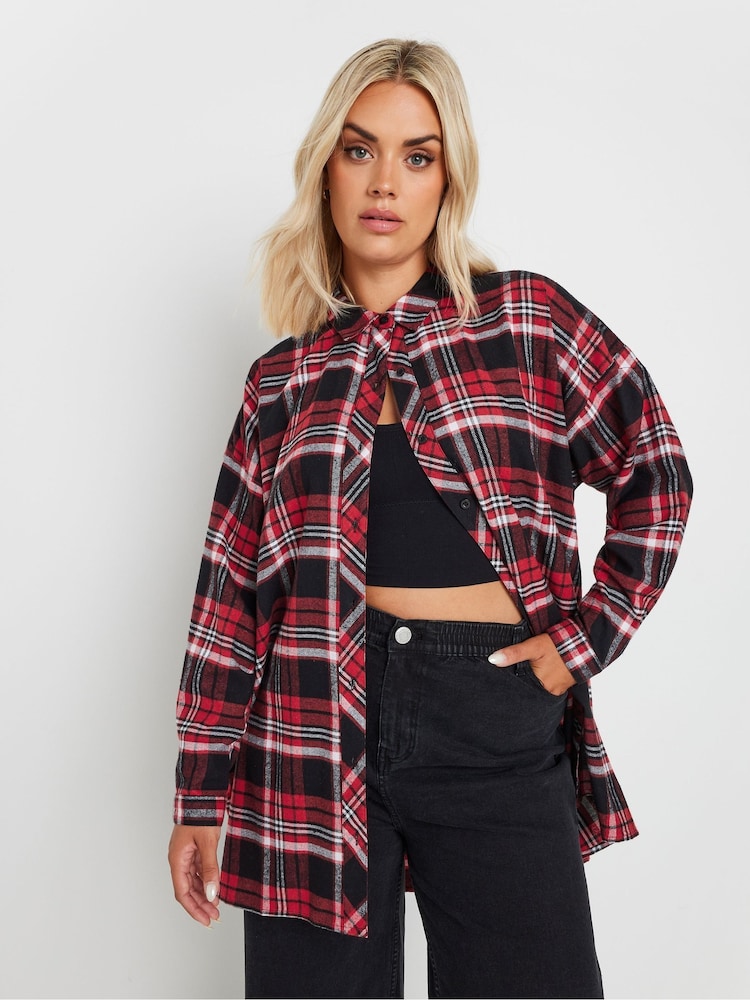 Yours Curve Red Oversized Checked 100% Cotton Shirt - Image 1 of 4