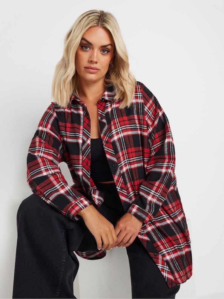 Yours Curve Red Oversized Checked 100% Cotton Shirt - Image 4 of 4
