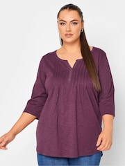 Yours Curve Burgundy Red Pintuck Button Henley 100% Cotton T-Shirt - Image 1 of 5