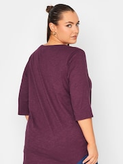 Yours Curve Burgundy Red Pintuck Button Henley 100% Cotton T-Shirt - Image 2 of 5