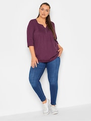Yours Curve Burgundy Red Pintuck Button Henley 100% Cotton T-Shirt - Image 3 of 5