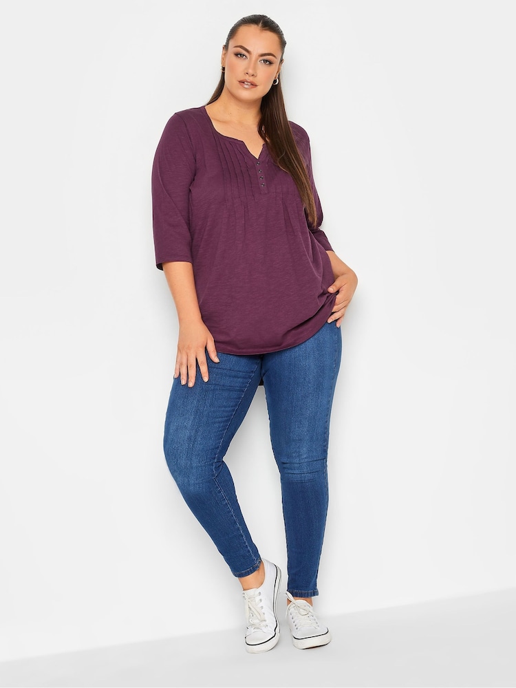 Yours Curve Burgundy Red Pintuck Button Henley 100% Cotton T-Shirt - Image 3 of 5