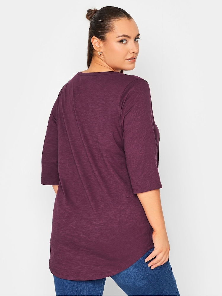 Yours Curve Burgundy Red Pintuck Button Henley 100% Cotton T-Shirt - Image 4 of 5
