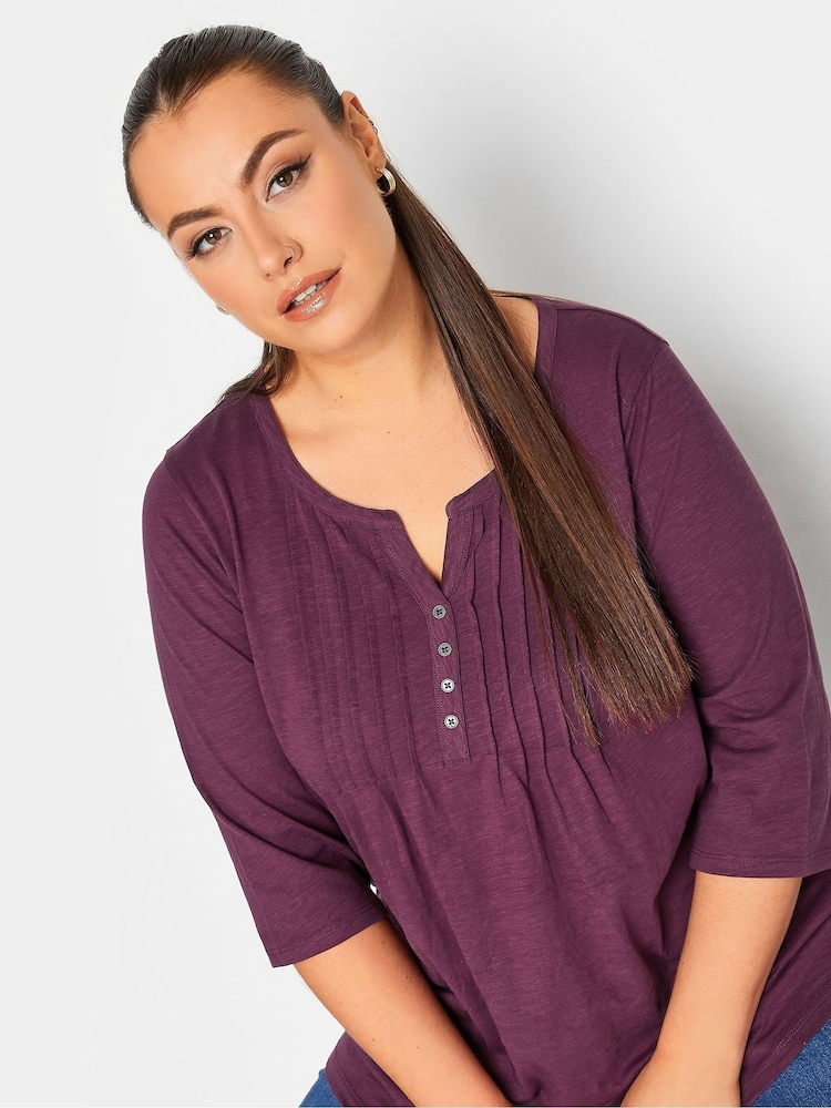 Yours Curve Burgundy Red Pintuck Button Henley 100% Cotton T-Shirt - Image 5 of 5