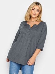 Yours Curve Grey Pintuck Button Henley 100% Cotton T-Shirt - Image 1 of 4