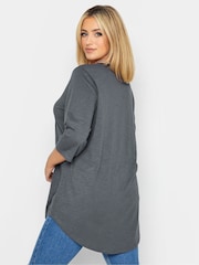 Yours Curve Grey Pintuck Button Henley 100% Cotton T-Shirt - Image 3 of 4