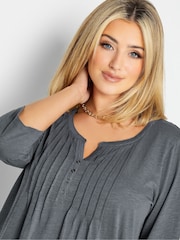 Yours Curve Grey Pintuck Button Henley 100% Cotton T-Shirt - Image 4 of 4