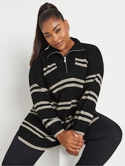 Yours Curve Black Stripe Quarter Zip Jumper - Image 1 of 5
