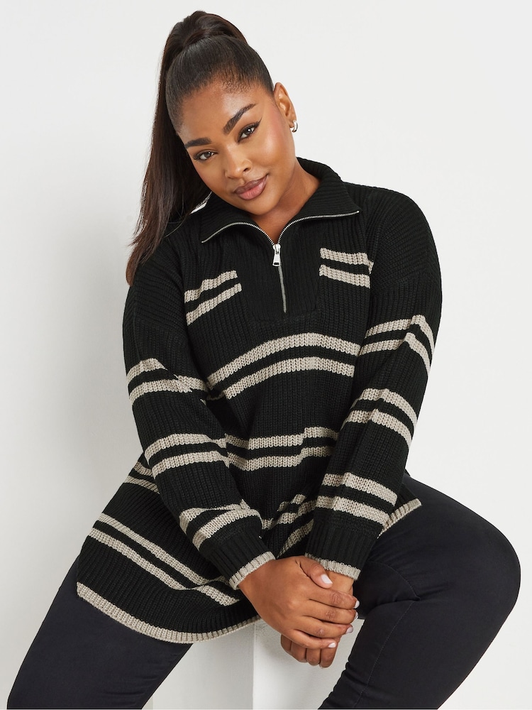 Yours Curve Black Stripe Quarter Zip Jumper - Image 1 of 5