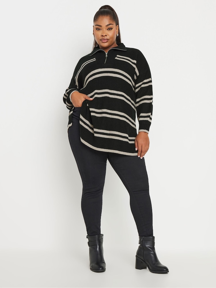 Yours Curve Black Stripe Quarter Zip Jumper - Image 2 of 5