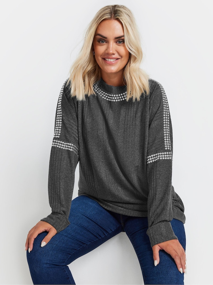 Yours Curve Grey Studded Neckline Embellished Jumper - Image 1 of 5