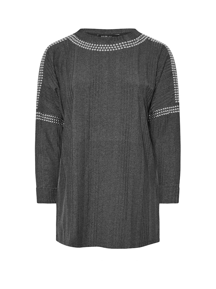 Yours Curve Grey Studded Neckline Embellished Jumper - Image 5 of 5