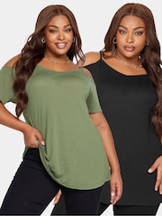 Yours Curve Black Cold Shoulder T-Shirts 2 Pack - Image 1 of 8