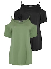 Yours Curve Black Cold Shoulder T-Shirts 2 Pack - Image 6 of 8