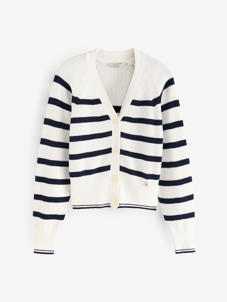 U.S. Polo Assn. White Womens Stripe Cropped Rib Cardigan - Image 1 of 4