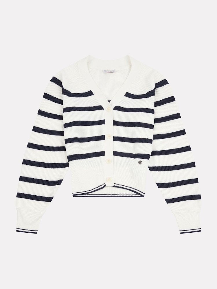 U.S. Polo Assn. White Womens Stripe Cropped Rib Cardigan - Image 2 of 4