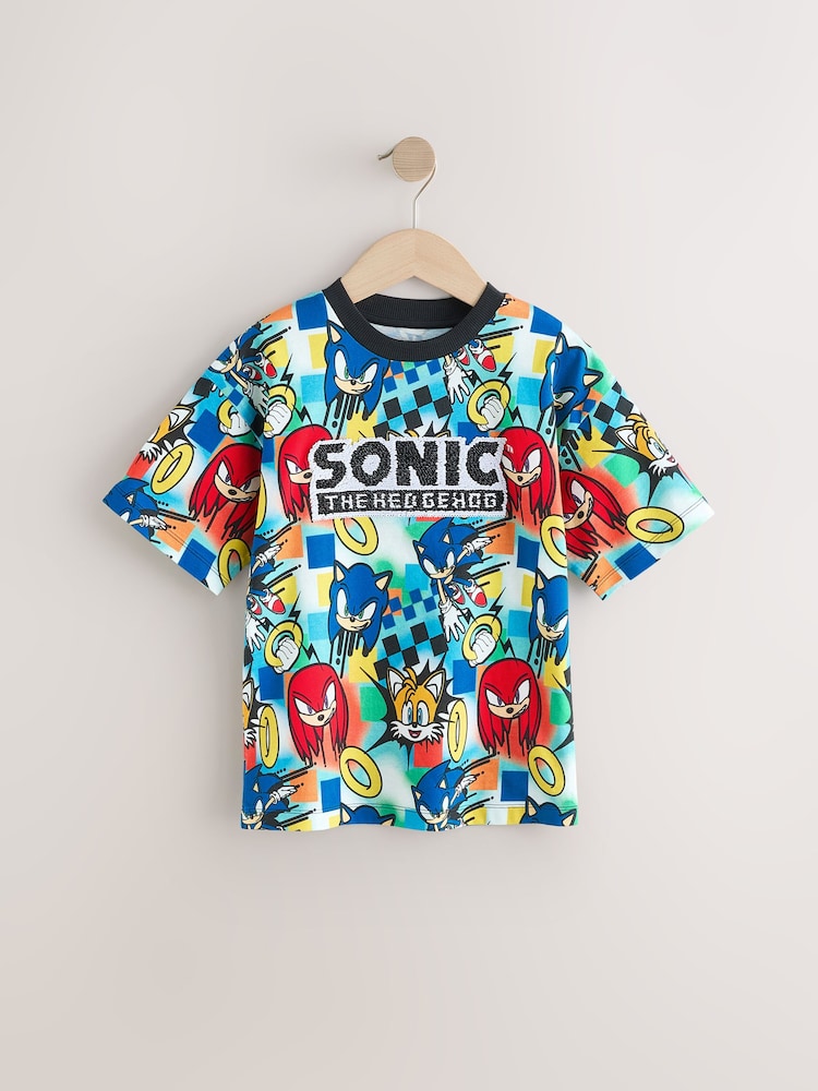 أحمر/أزرق - تيشرت مزين بالترتر بتصميم قلاب بطبعة شخصية Sonic (3-16 سنة) - صورة 2 من 6