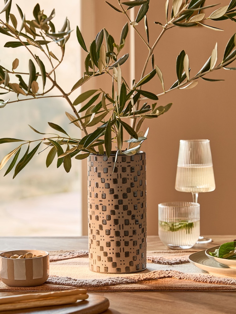 Brown Neutral Ceramic Checkerboard Vase - Image 1 of 6 Brown Neutral Ceramic Checkerboard Vase - Image 1 of 6