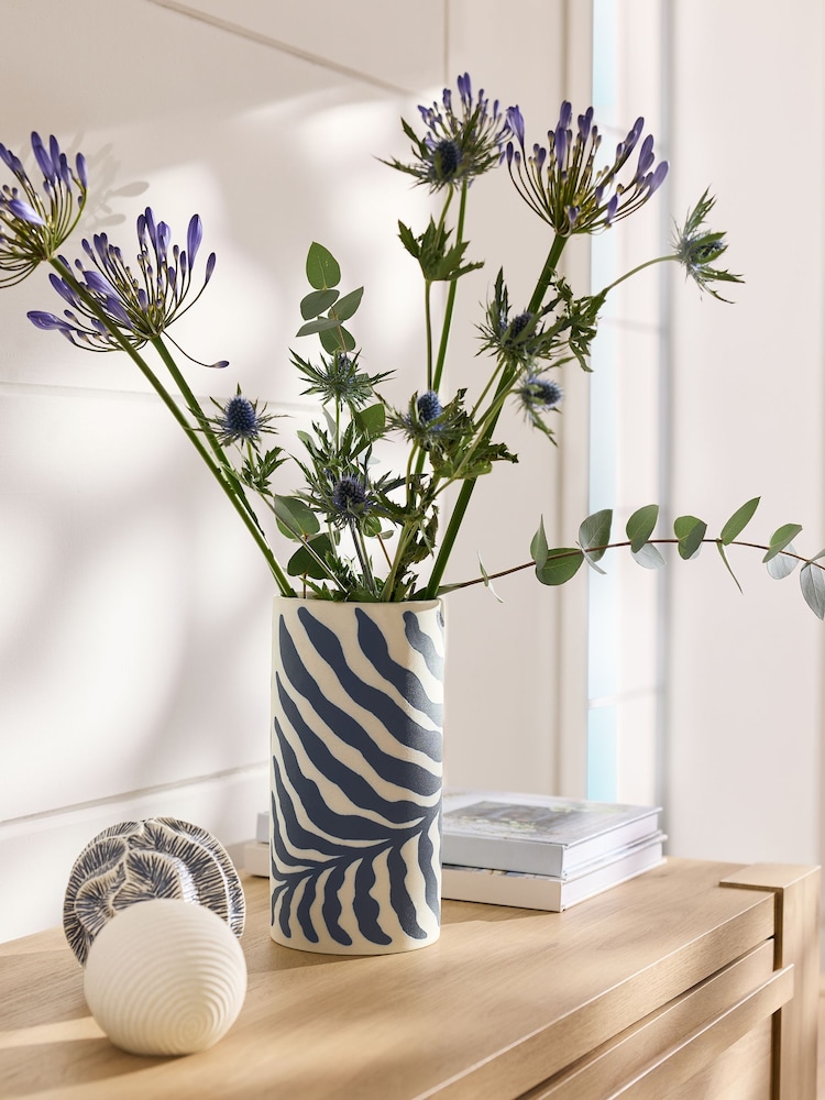 White/Blue Leaf Print Ceramic Vase - Image 1 of 4