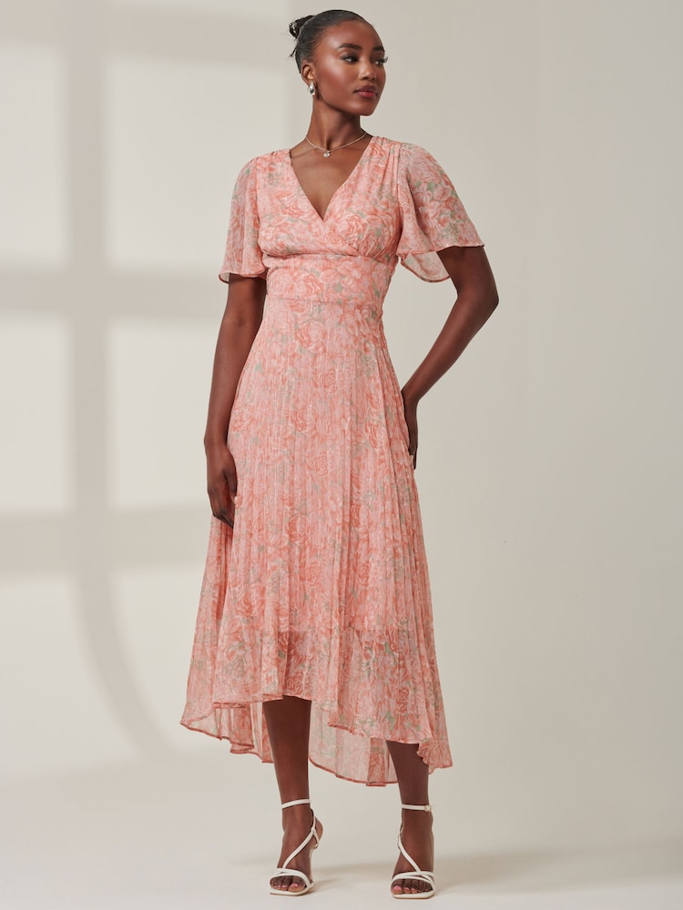 Jolie Moi Chorm Pink Chelsea Pleated Chiffon Dip Hem Maxi Dress - Image 4 of 6
