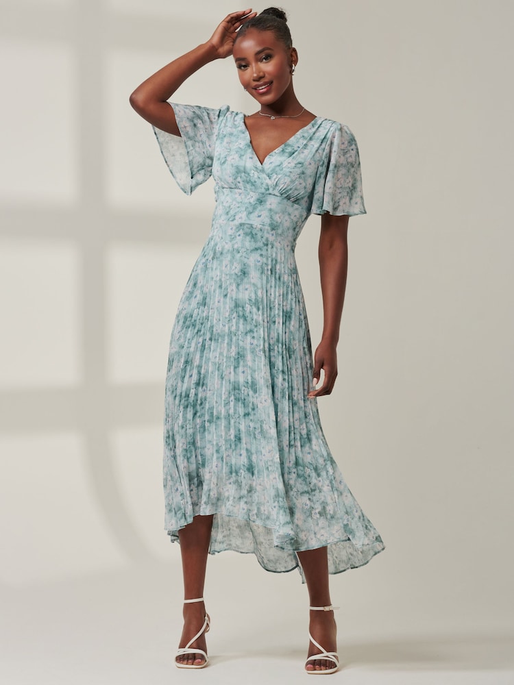Jolie Moi Blue Chelsea Pleated Chiffon Dip Hem Maxi Dress - Image 1 of 6