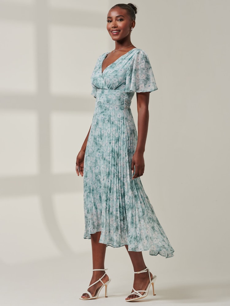 Jolie Moi Blue Chelsea Pleated Chiffon Dip Hem Maxi Dress - Image 6 of 6