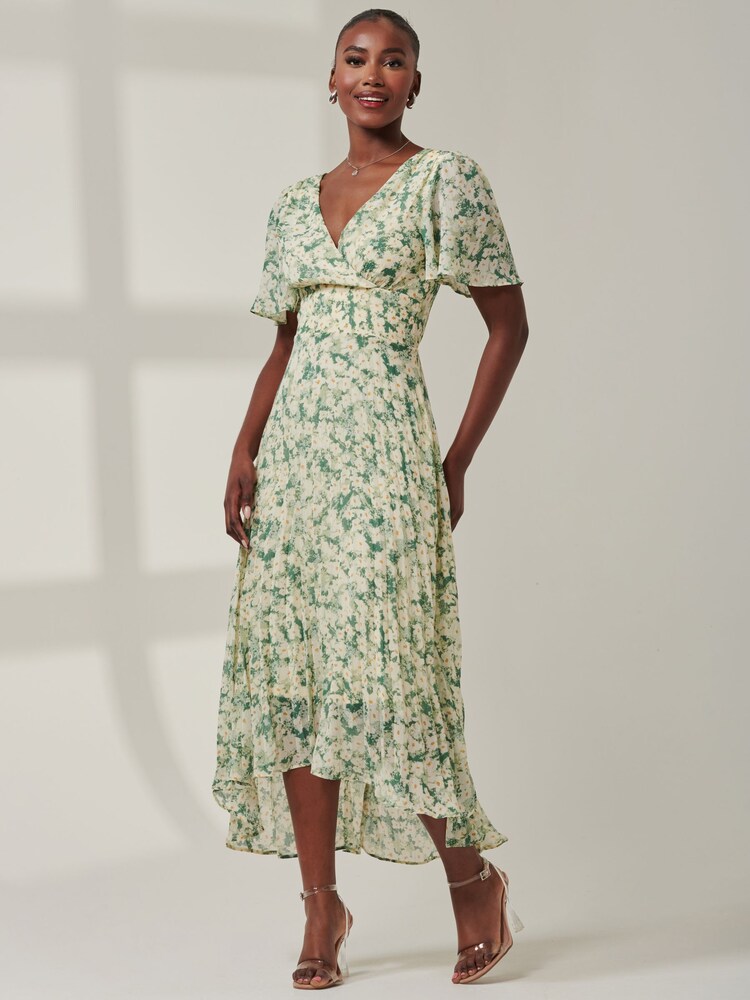 Jolie Moi Dark Green Chelsea Pleated Chiffon Dip Hem Maxi Dress - Image 1 of 6