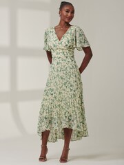 Jolie Moi Dark Green Chelsea Pleated Chiffon Dip Hem Maxi Dress - Image 4 of 6