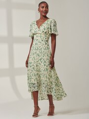 Jolie Moi Dark Green Chelsea Pleated Chiffon Dip Hem Maxi Dress - Image 5 of 6