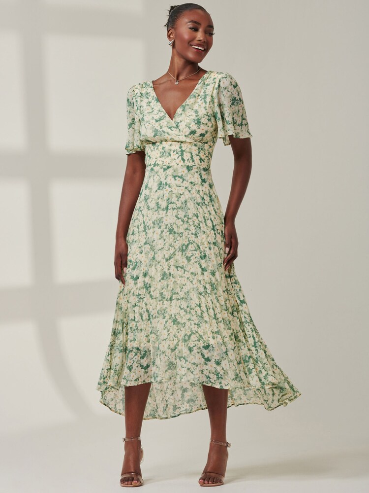 Jolie Moi Dark Green Chelsea Pleated Chiffon Dip Hem Maxi Dress - Image 6 of 6